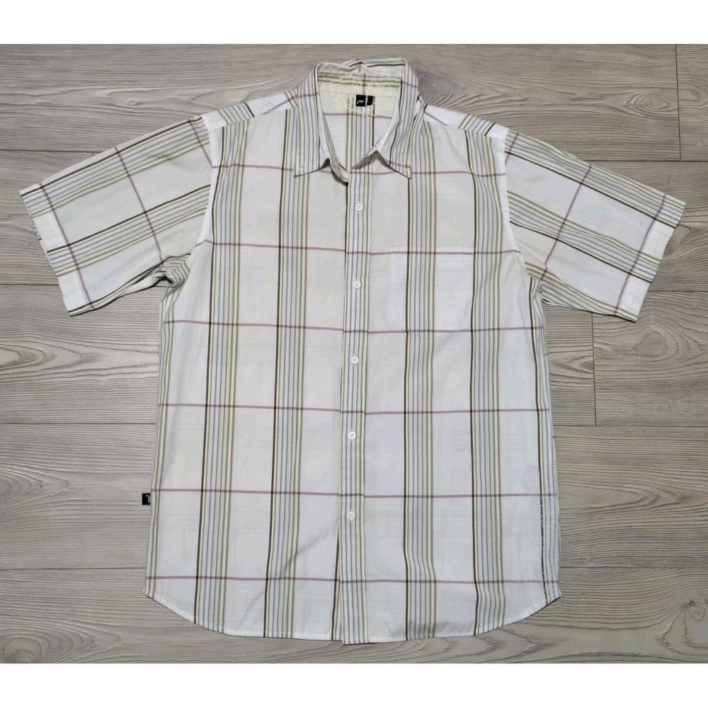 Rusty Beige Plaid Short Sleeve Shirt Mens Large Surf Y2K Back Embroidered